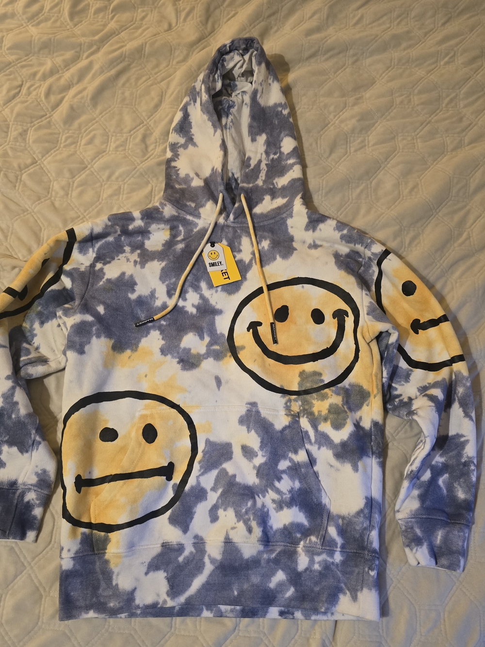 Market Tie-Dye Smiley Hoodie Sweatshirt - Blue & Yellow Sz S